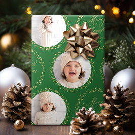 Green Modern Script Merry Christmas Family 6 photo Geschenkpapier