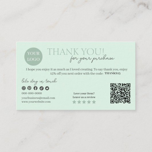 Green Modern Script QR Code, vielen Dank Visitenkarte (Rückseite)