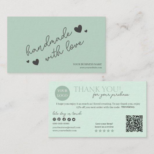 Green Modern Script QR Code, vielen Dank Visitenkarte (Vorne/Hinten)