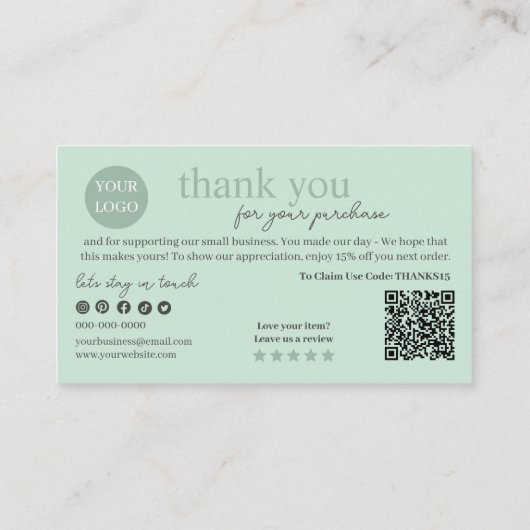 Green Modern Script QR Code, vielen Dank Visitenkarte (Rückseite)