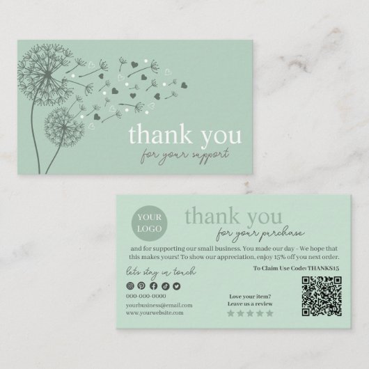 Green Modern Script QR Code, vielen Dank Visitenkarte (Vorne/Hinten)