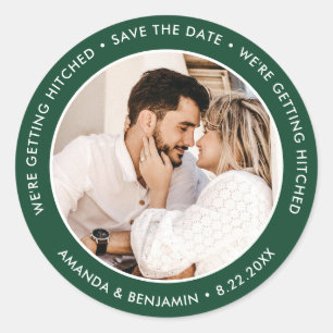 Green Modern Wedding Foto Save the Date Runder Aufkleber