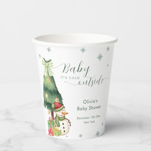 Green Modern Winter Snowman Baby Shower Pappbecher (Vorderseite)