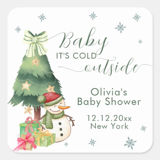 Green Modern Winter Snowman Baby Shower Quadratischer Aufkleber (Vorderseite)