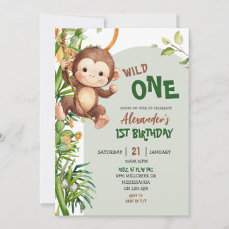 Green Monkey Wild One Safari First Birthday Einladung