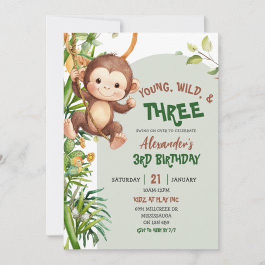 Green Monkey Young Wild Three Third Birthday Einladung (Vorderseite)