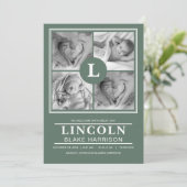 Green Monogram Baby Boy Birth Announccard Ankündigung (Stehend Vorderseite)