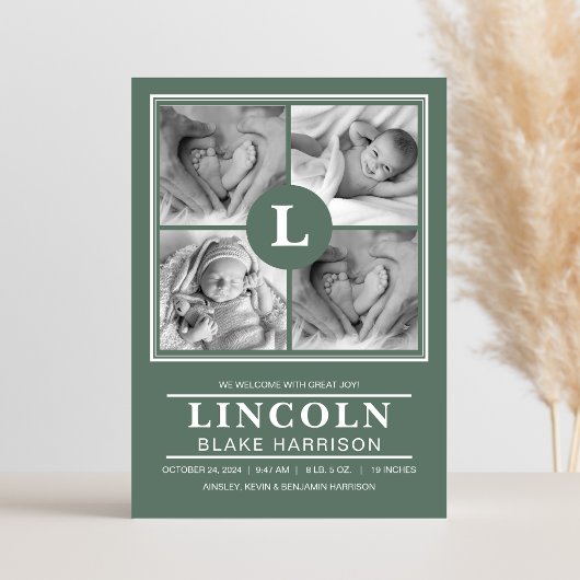 Green Monogram Baby Boy Birth Announccard Ankündigung