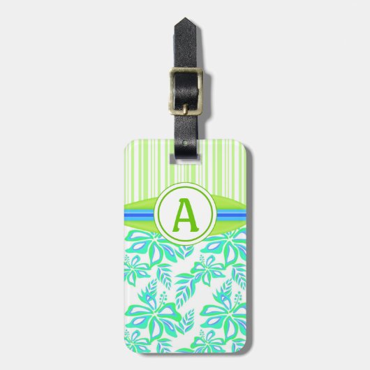 Green Monogram Hibiskus Blume Tropical Beach Gepäckanhänger (Vorderseite vertikal)