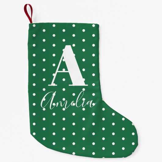 Green Monogram Name Polka Dots Doppelseitig Kleiner Weihnachtsstrumpf (Vorderseite)