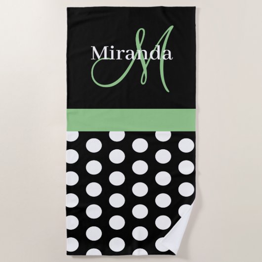 Green Monogram Schwarz-weiß Polka Dot Beach Handtu Strandtuch (Vorderseite)
