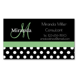 Green Monogram Schwarz-weiß Polka Dot Magnetische Visitenkarte