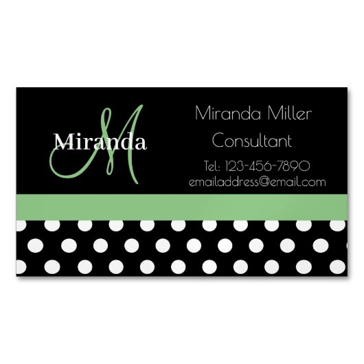 Green Monogram Schwarz-weiß Polka Dot Magnetische Visitenkarte (Vorderseite)