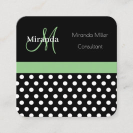 Green Monogram Schwarz-weiß Polka Dot Quadratische Visitenkarte