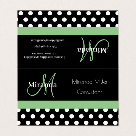 Green Monogram Schwarz-weiß Polka Dot Visitenkarten (Außenseite Aufgefaltet)