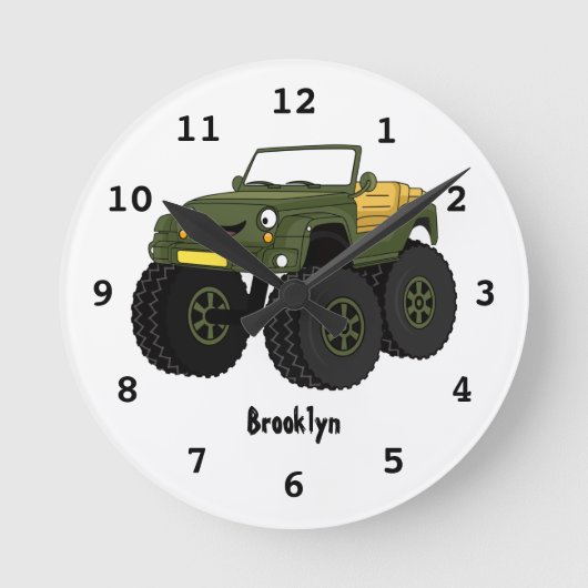 Green monster truck cartoon illustration runde wanduhr (Vorderseite)
