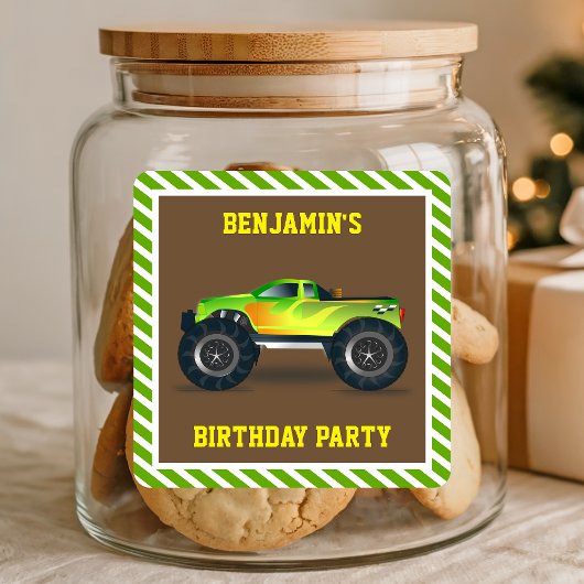 Green Monster Truck Kindergeburtstag Gastgeschenk Quadratischer Aufkleber