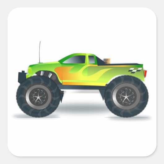 Green Monster Truck mit beidseitig bedruckten Flam Quadratischer Aufkleber (Vorderseite)