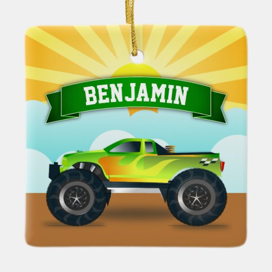 Green Monster Truck Personalized Name Kids Room Keramikornament (Vorderseite)