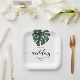 Green Monstera Leaf Wedding Empfang Pappteller