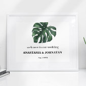 Green Monstera Leaf Wedding Willkommen Poster