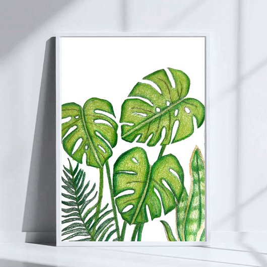 Green Monstera Leaves Drawing Colored Pencil Art Poster