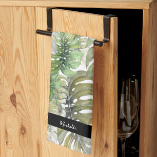 Green Monstera Palm Koch Mit Monogramm Geschirrtuch