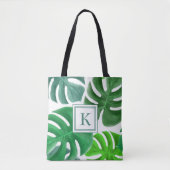 Green Monstera Pflanze Blätter Muster Mit Monogram Tasche (Vorderseite)