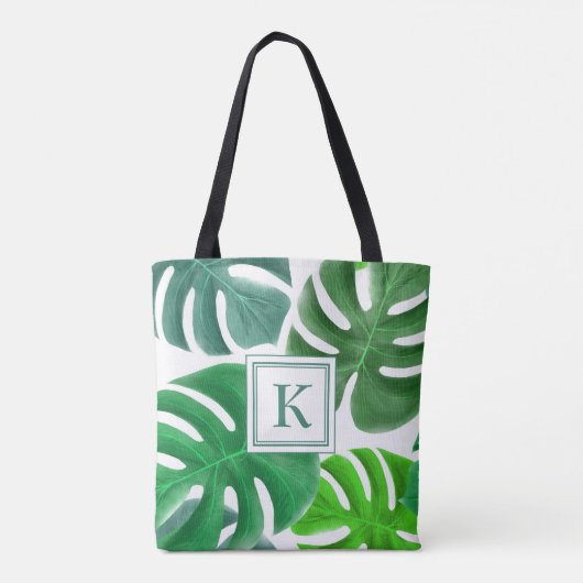 Green Monstera Pflanze Blätter Muster Mit Monogram Tasche (Rückseite)