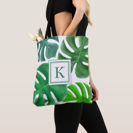 Green Monstera Pflanze Blätter Muster Mit Monogram Tasche (Von Nahem)