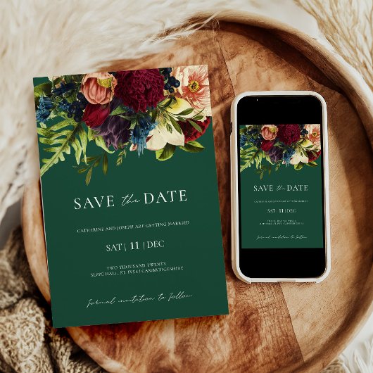 Green Moody floral Burgundy Hochzeit Speichern Sie Einladung