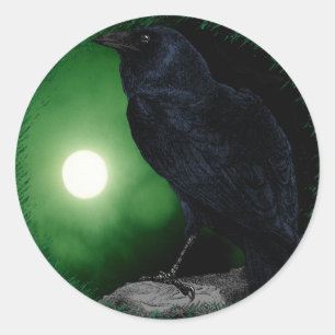 Green Moon Black Raven Goth Halloween Tier Runder Aufkleber