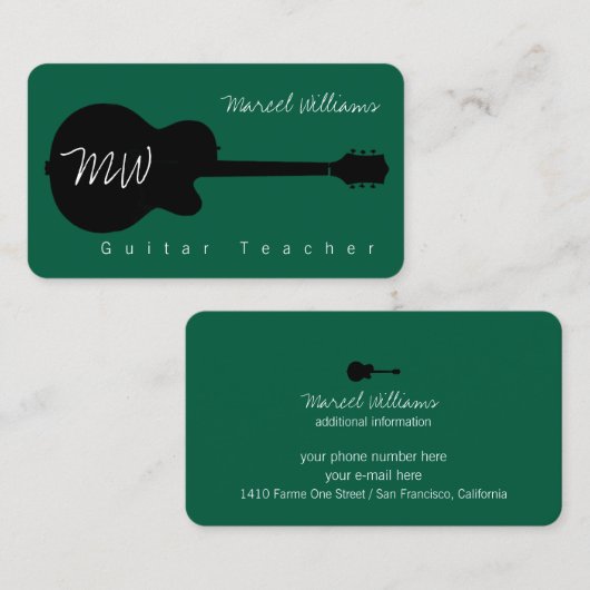 Green Music Business Card mit schwarzer Gitarre Visitenkarte (Vorne/Hinten)