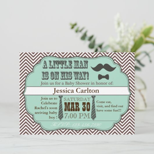 Green Mustache & Krawatte Babydusche Einladungen (Stehend Vorderseite)