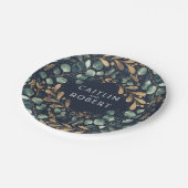 Green, Navy Blue und Gold | Grüne Hochzeit Pappteller (Schrägansicht)