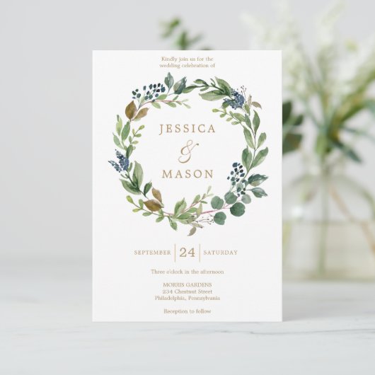 Green Navy Gold Hochzeitskarte Einladung (Stehend Vorderseite)