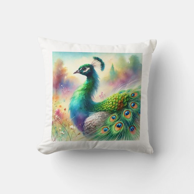 Green necked peafowl 120924AREF136 - Watercolor Kissen (Vorderseite)