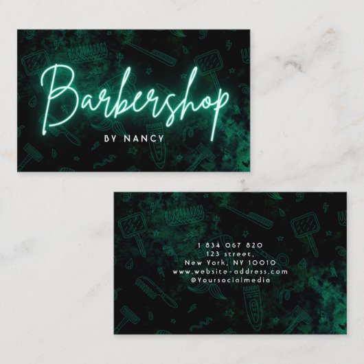 Green Neon Barbershop Friseur Visitenkarte (Vorne/Hinten)