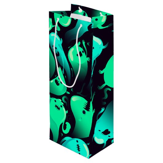 Green Neon Ghost Pattern Geschenktüte Für Weinflaschen (Rückseite Schrägansicht)