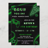 Green Neon Glow Pizza Games Bruh Birthday Einladung (Vorne/Hinten)