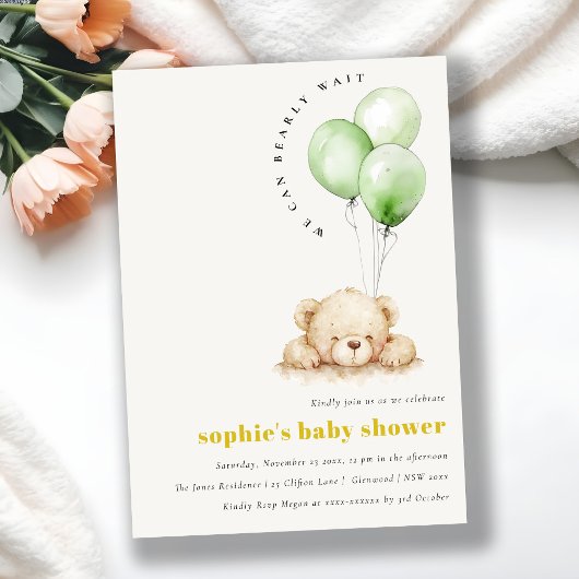 Green Neutral Bearly Wait Balloon Baby Shower Einladung