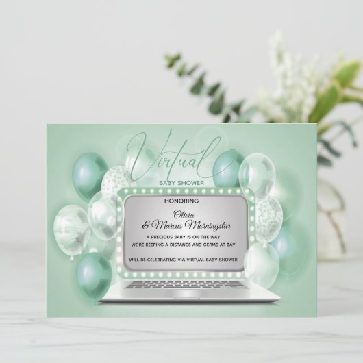 Green Notebook Virtual Gender Neutral Baby Dusche Einladung (Stehend Vorderseite)