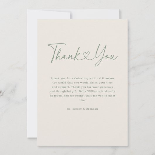 Green Oh Baby Heart Calligraphy Simple Baby Show Dankeskarte (Vorderseite)