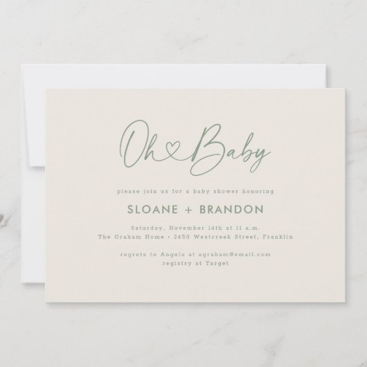 Green Oh Baby Heart Calligraphy Simple Baby Show Einladung (Vorderseite)