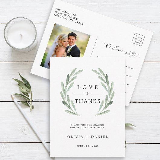 Green Olive Branch Wreath Wedding Danke Foto Postkarte