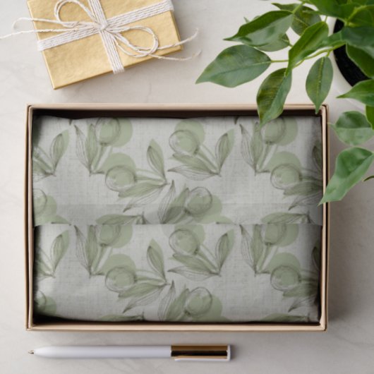 Green Olive & Leaf Pattern On Pastel Green Seidenpapier (Geschenk)