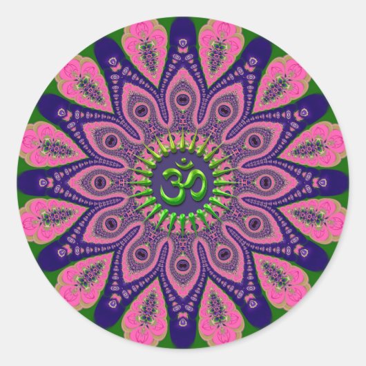Green Om Funky Pink und Indigo Mandala Runder Aufkleber (Vorderseite)