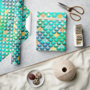 Green Ombre Foil & Gold Glitzer Mermaid Scales Geschenkpapier
