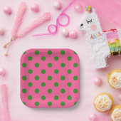Green on Pink Polka Dots Design Pappteller (Party)