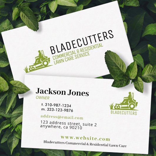 Green on White Rascare + Mowing Business Cards Visitenkarte